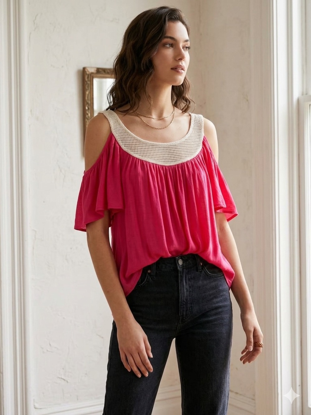 Kirra Hot Pink Cold-Shoulder Top with Cream Crochet Yoke